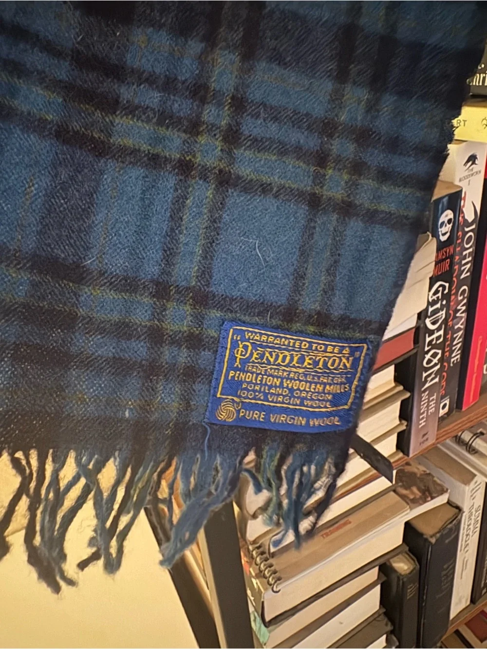 Pendleton Blue and Black Wool Plaid Scarf with Fringe